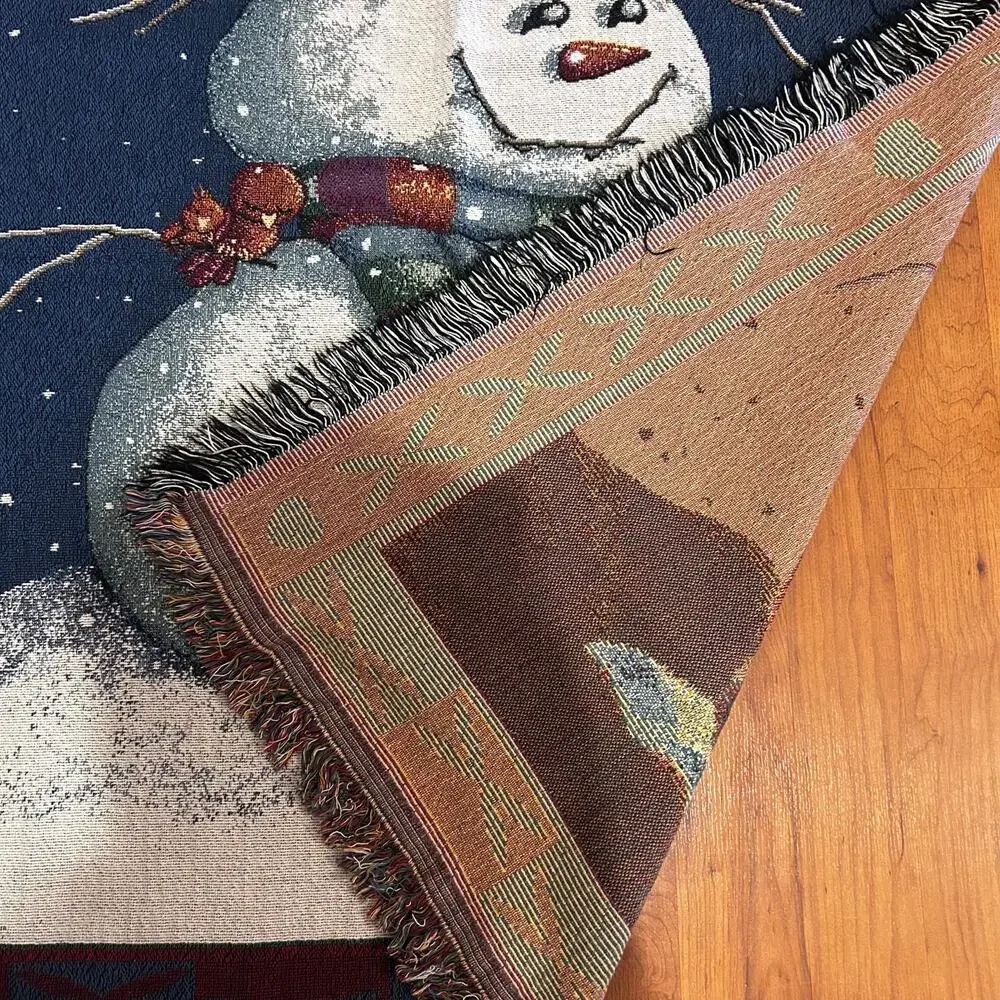 Vintage Whimsical Snowman Woven Fringe Throw Blanket 54x60